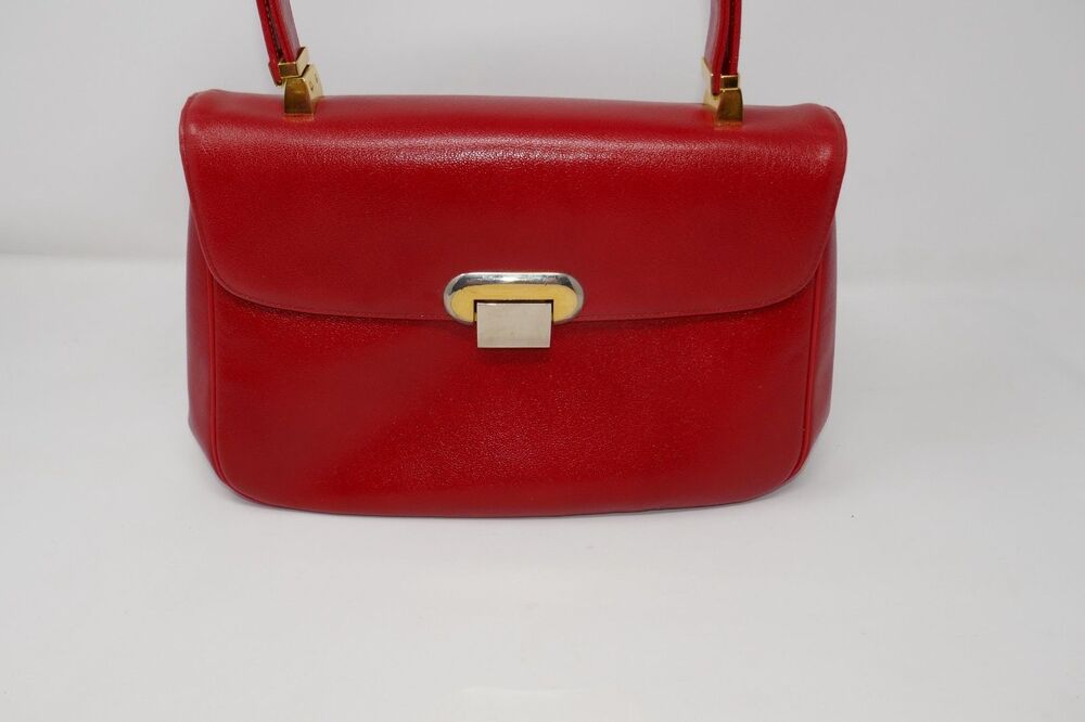 Koret Vintage 1950s 1960s Mid Century Two Tone Clasp Red Leather Top Handle Bag - Picture 2 of 16